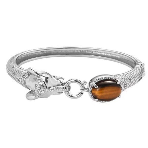 Tigers Eye 6.10 ctw Silver Bangle Bracelet Elephant Design 7.25 In New - Picture 1 of 6